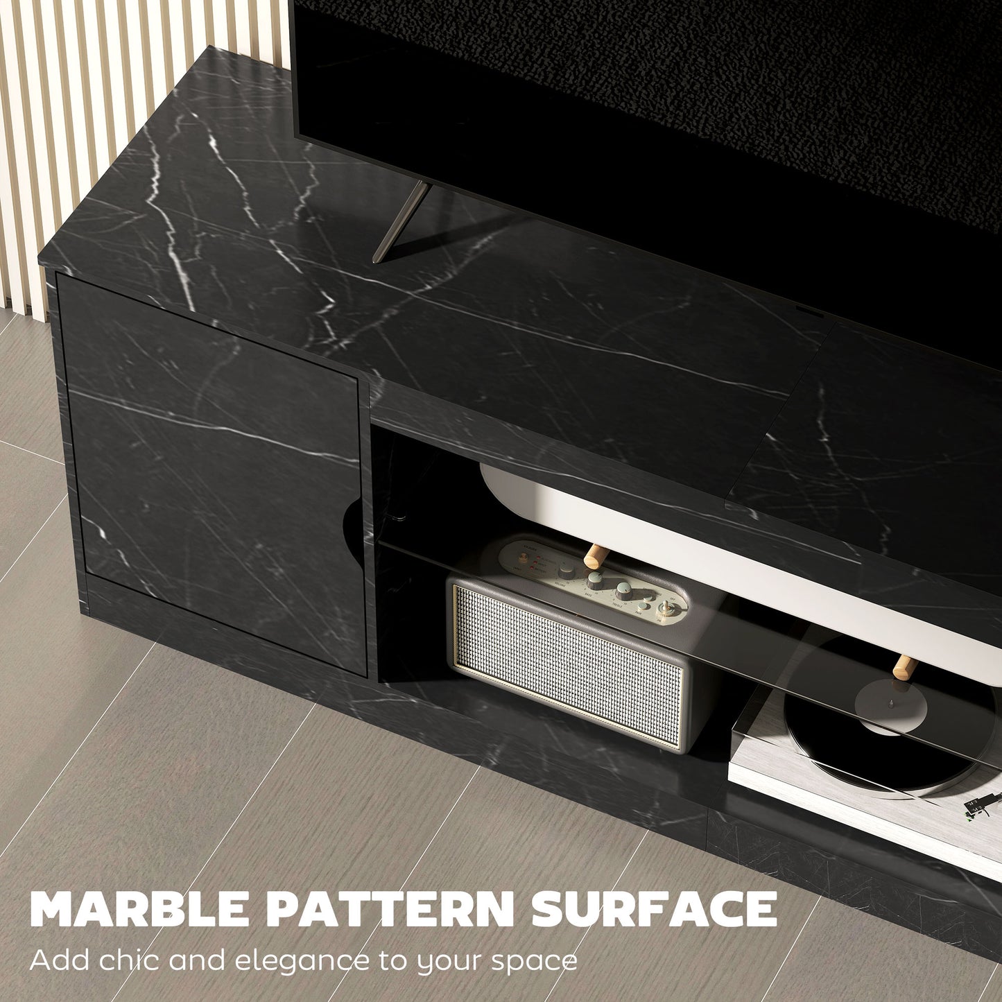 TV Stand Cabinet, Marble Effect TV Unit for up to 55" TVs with Glass Shelf and Storage Cabinet