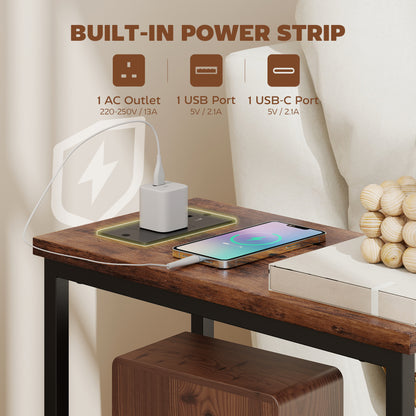 Side Table, Narrow Bedside Table with Charging Station, 2 Drawers, AC Outlet and 2 USB Ports for Living Room, Bedroom