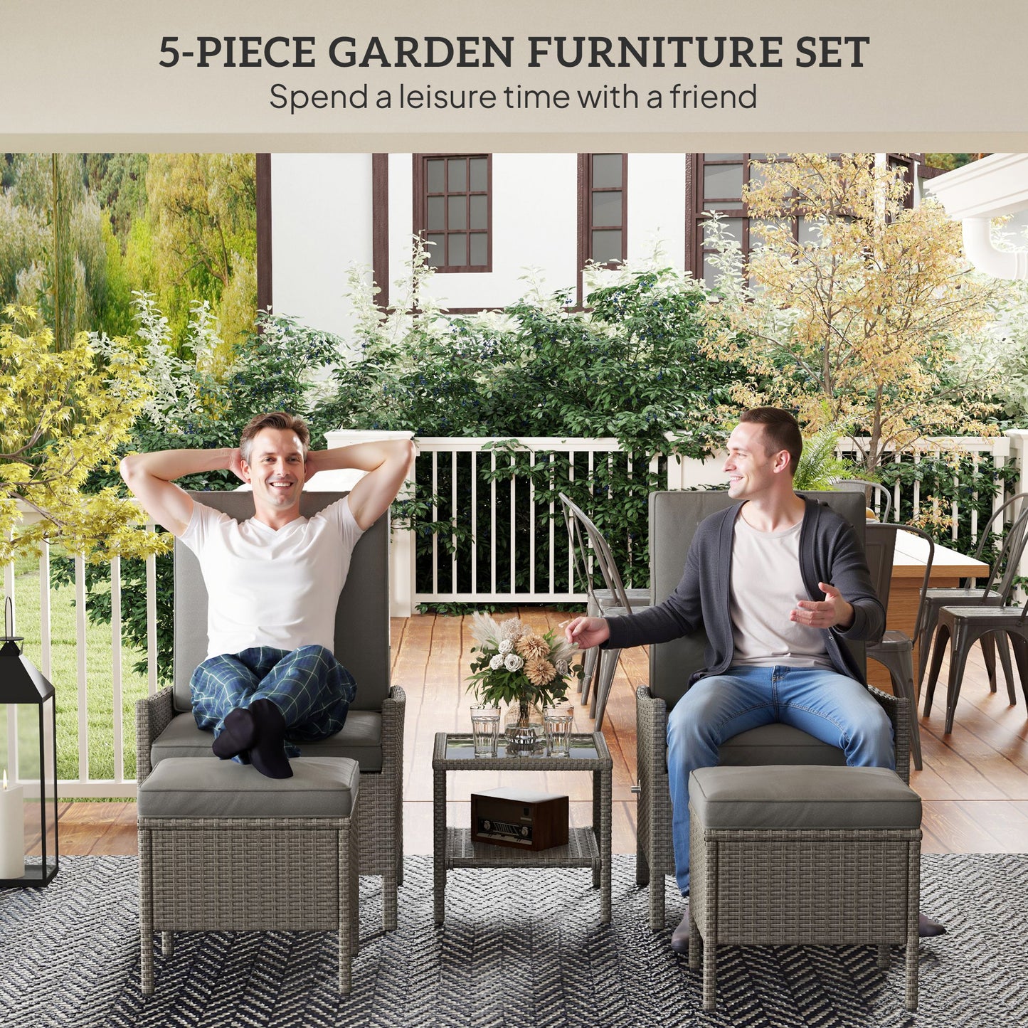 5 Piece Rattan Garden Furniture Set, Wicker Patio Sofa Set with 2 Armchairs, 2 Footstools, Glass Top Coffee Table with Shelf