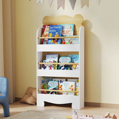 Kids Bookshelf, 3 Tier Children Bookcase, Bear Theme Toddler Space-Saving Bookcase for Living Room, White