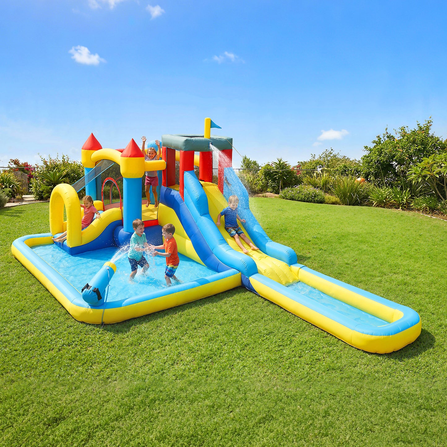 Inflatable Bouncy Castle, Kids Water Bounce House 6 in 1 with 550W Blower, 2 Slides for Garden, Party, Outdoor Indoor