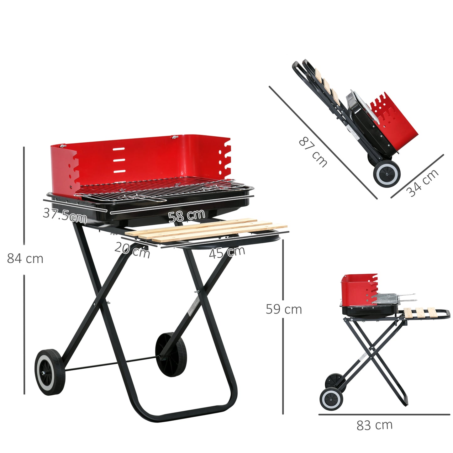 Charcoal Trolley BBQ Barbecue Grill Patio Camping Picnic Garden Party Outdoor Cooking with Windshield and Wheels Side Trays