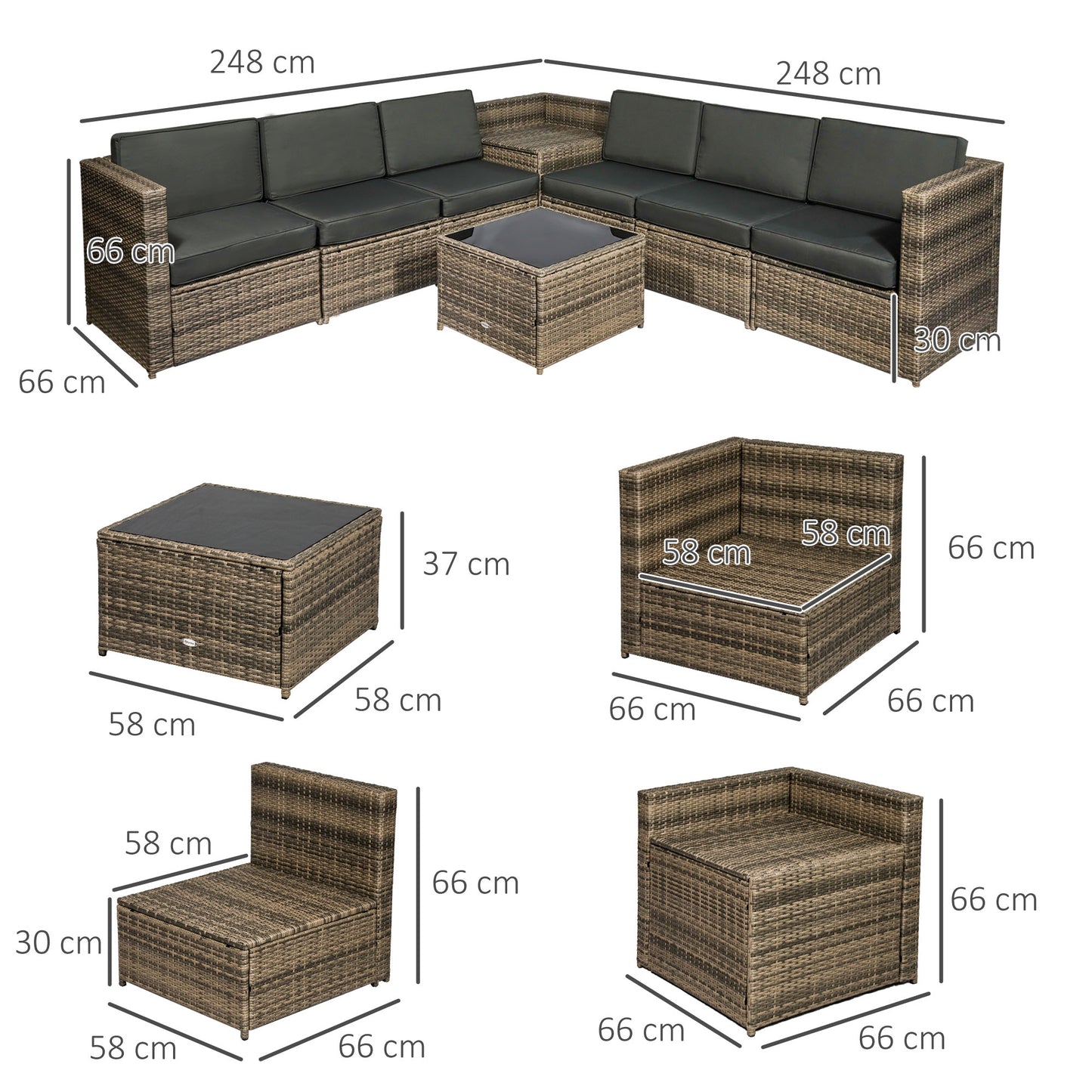 8 Pieces Outdoor PE Rattan Sofa Set with Cushions and Glass Top Coffee Table, Mixed Brown
