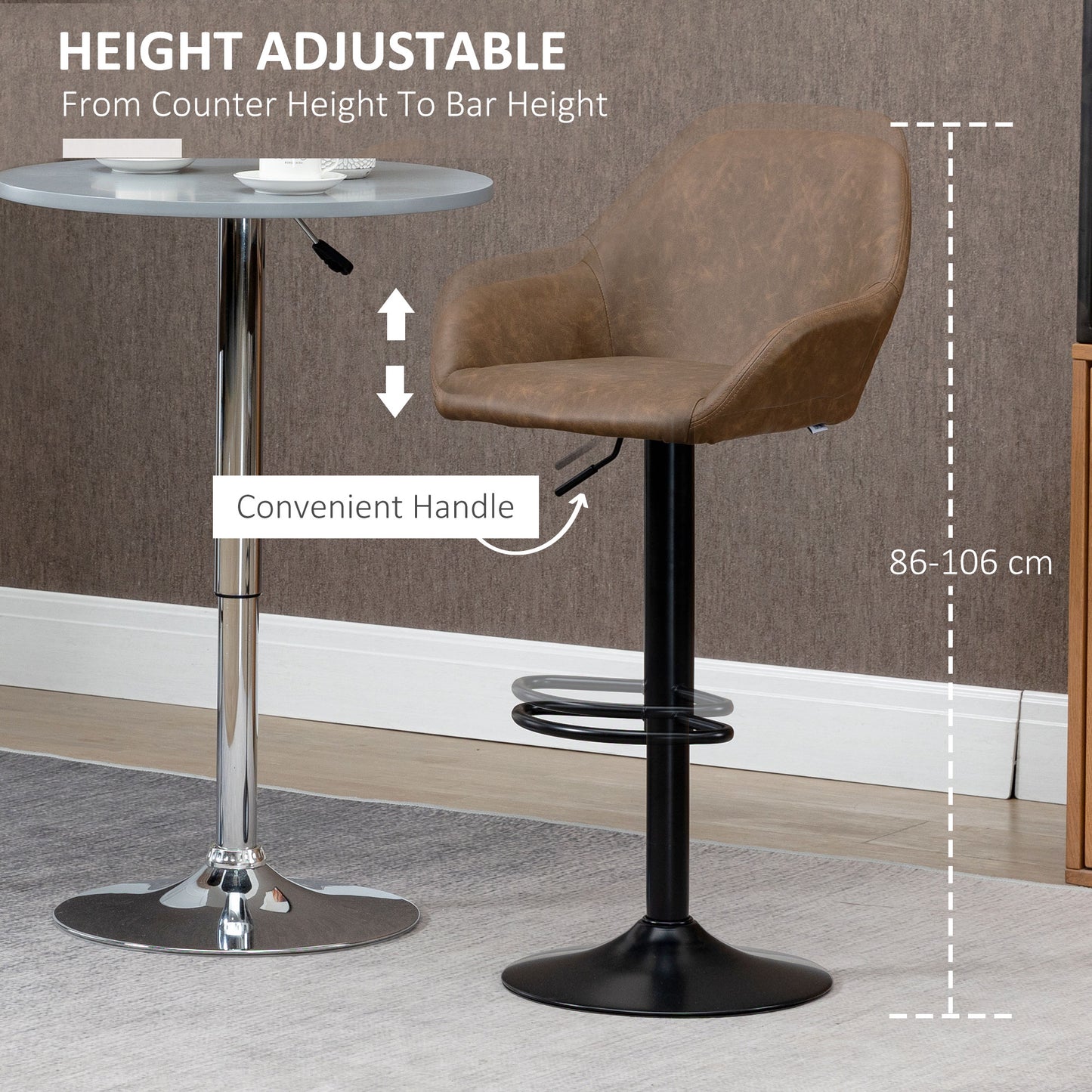 Bar Stools Set of 2, Height Adjustable Swivel Barstools, PU Leather Kitchen Stools with Backs