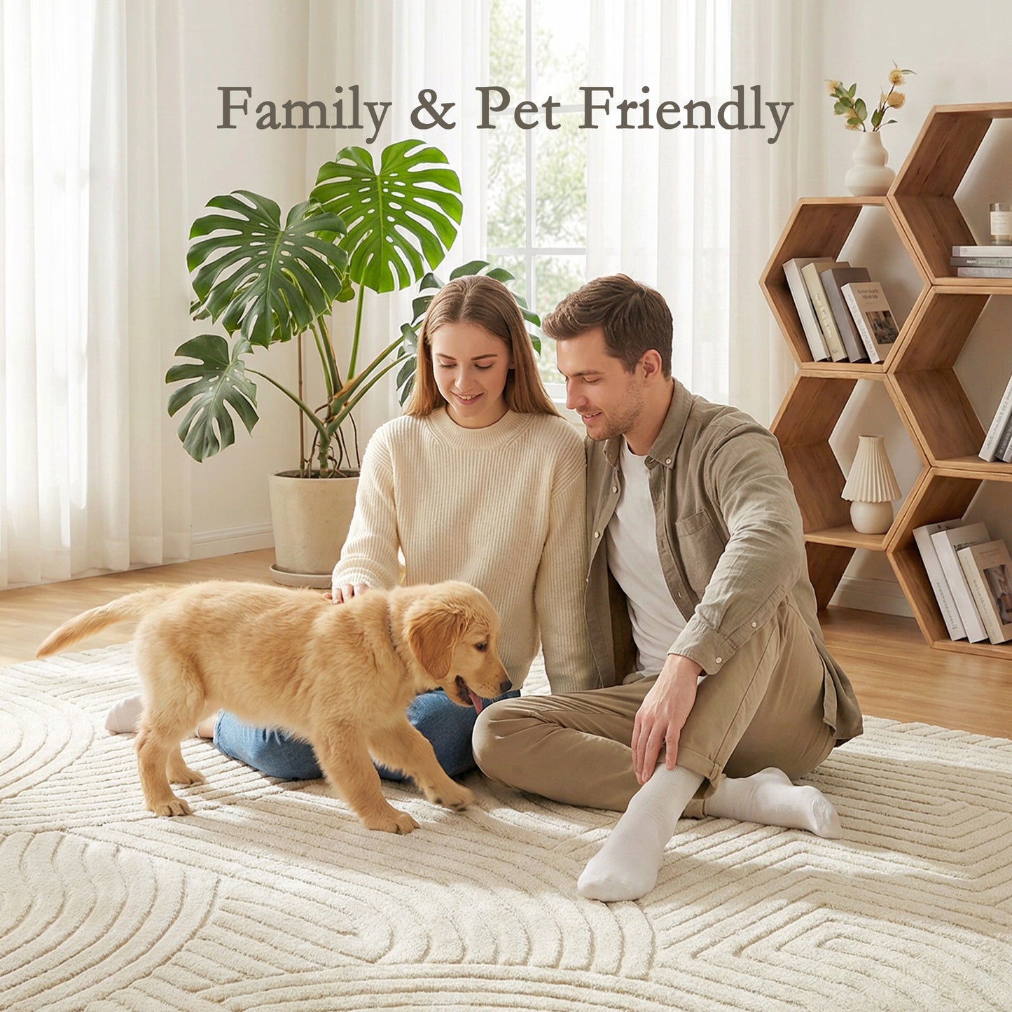 Modern Geometric Rug, Thick Plush, Non-Slip, 200 x 140 cm, Cream, Living Room, Bedroom, Office