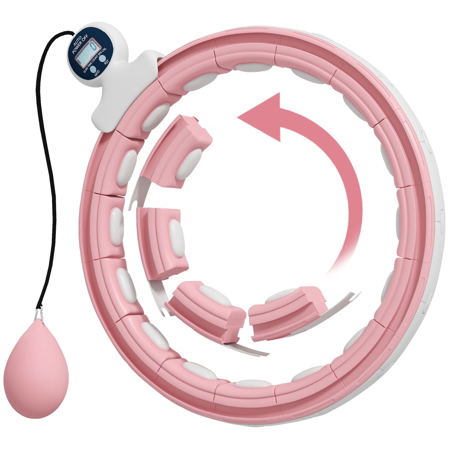 Smart Weighted Hula Hoop, Massage Hula Ring w/ 16 Detachable Knots, 360° Auto-Rotating Ball, Digital Counter, Pink