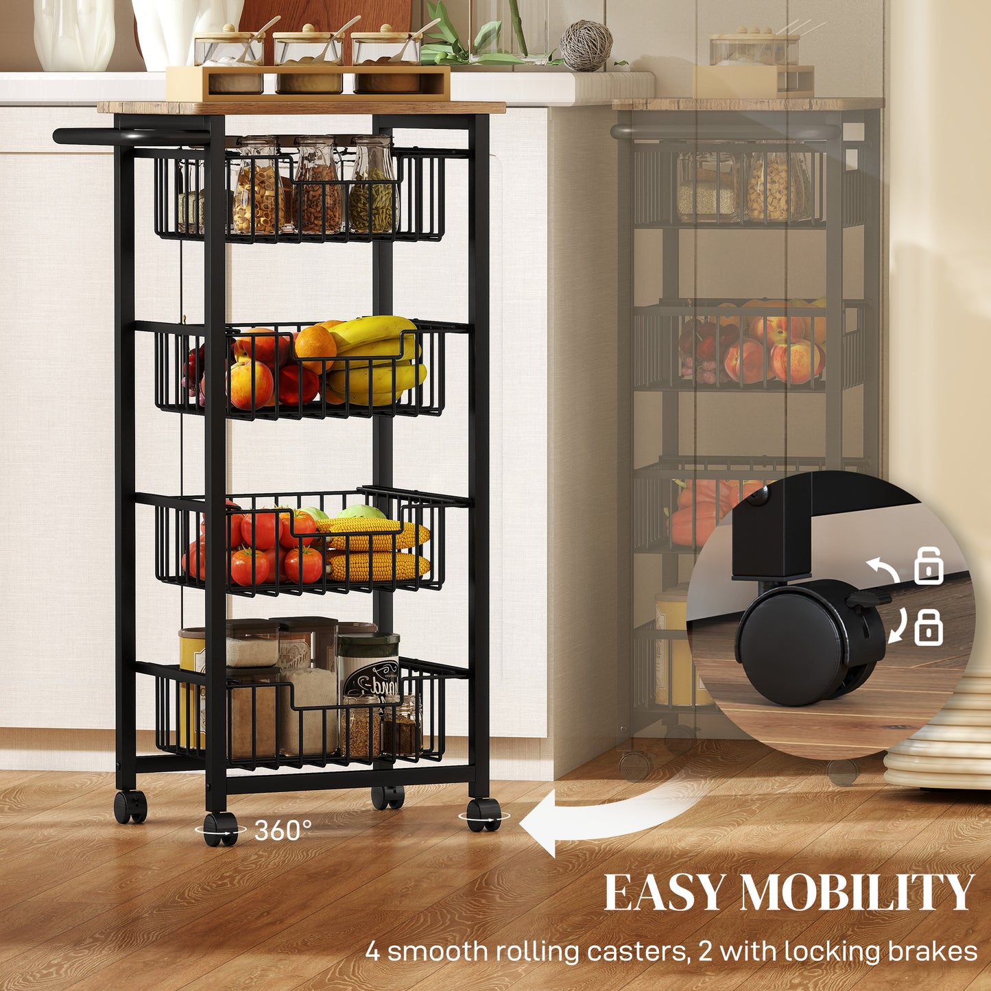 Four Basket Mobile Kitchen Island, with Brakes - Oak/Black