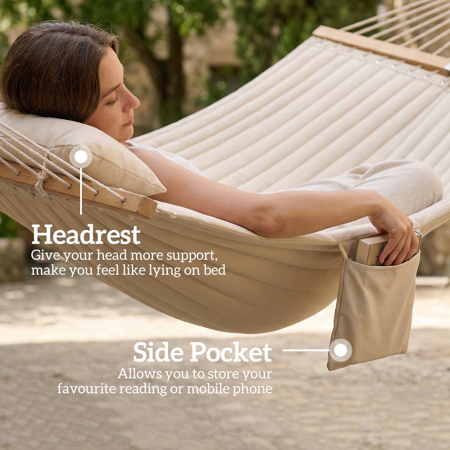 Double Hammock 2 Person Swing Bed with Spreader Bars, Pillows, Pad, 200 x 140cm, Cream White