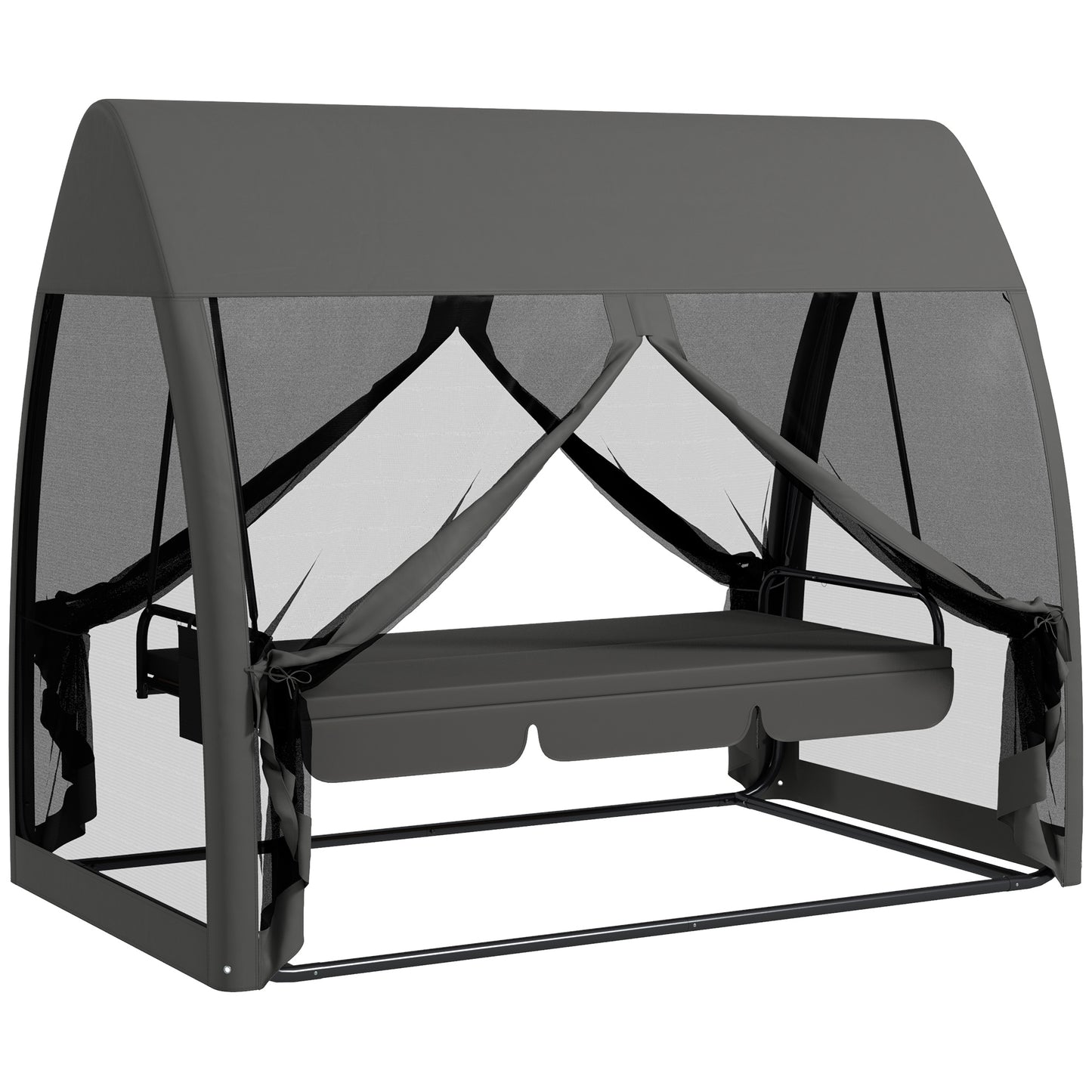Three-Seater Convertible Swing Chair/Bed, with Curtained Canopy - Grey