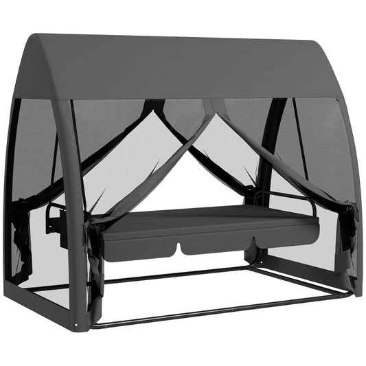 Three-Seater Convertible Swing Chair/Bed, with Curtained Canopy - Grey