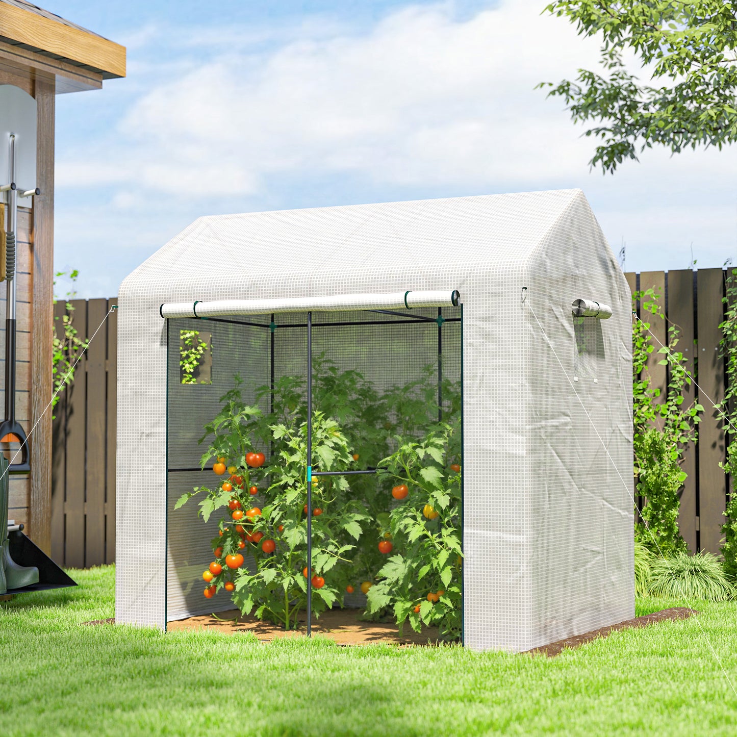 Walk-in Greenhouse, Outdoor Tomato Greenhouse with Roll-up Door and Mesh Windows, PE Cover, 200 x 140 x 200cm, White