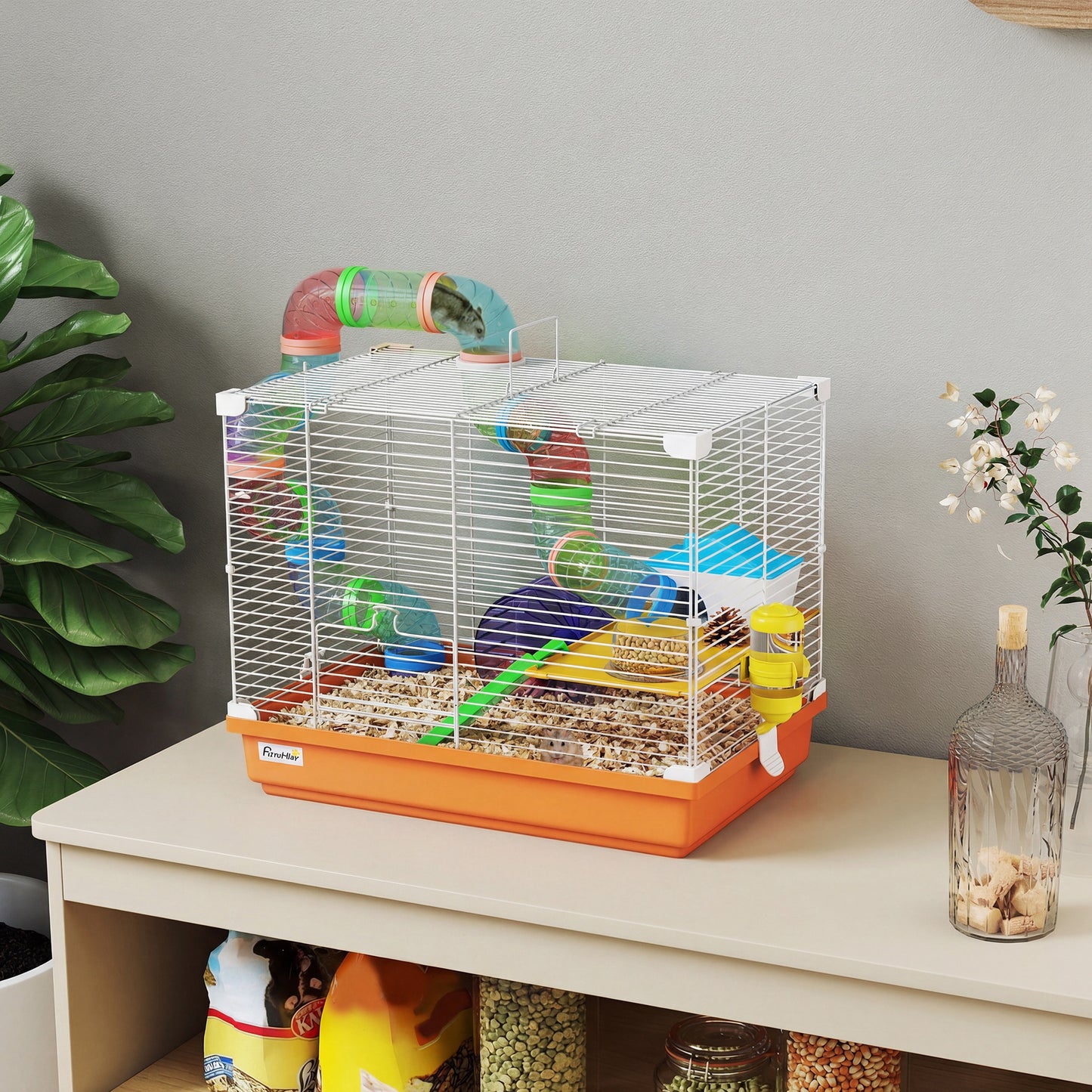 2 Tier Hamster Cage, Gerbil Cage with Handle, Exercise Wheels, Tunnel, Water Bottle, Dishes, Ladder, for Dwarf