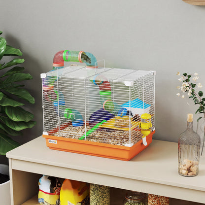 2 Tier Hamster Cage, Gerbil Cage with Handle, Exercise Wheels, Tunnel, Water Bottle, Dishes, Ladder, for Dwarf