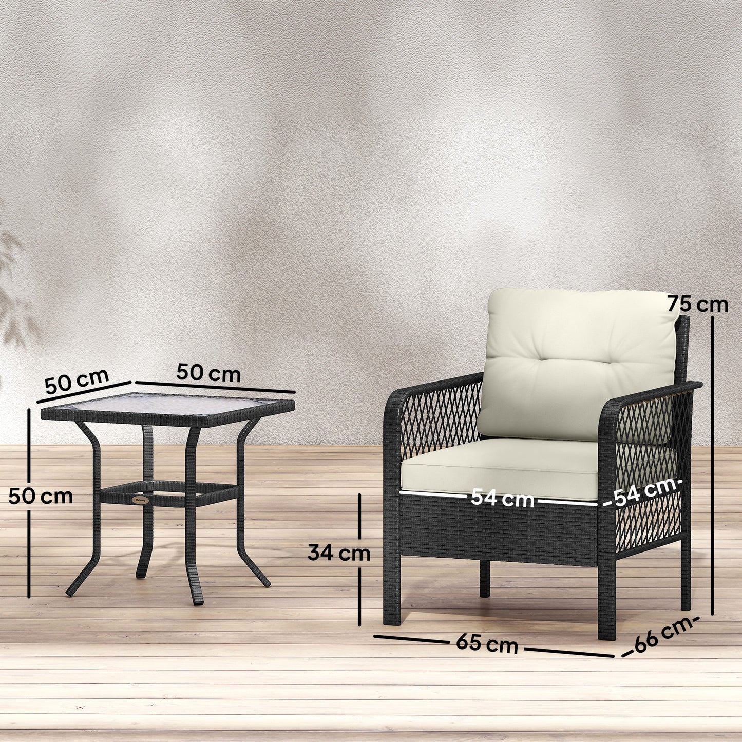3 Pieces Rattan Bistro Set with Glass Top Coffee Table, Chairs and Cushions for Outdoor, Patio, Balcony, Cream