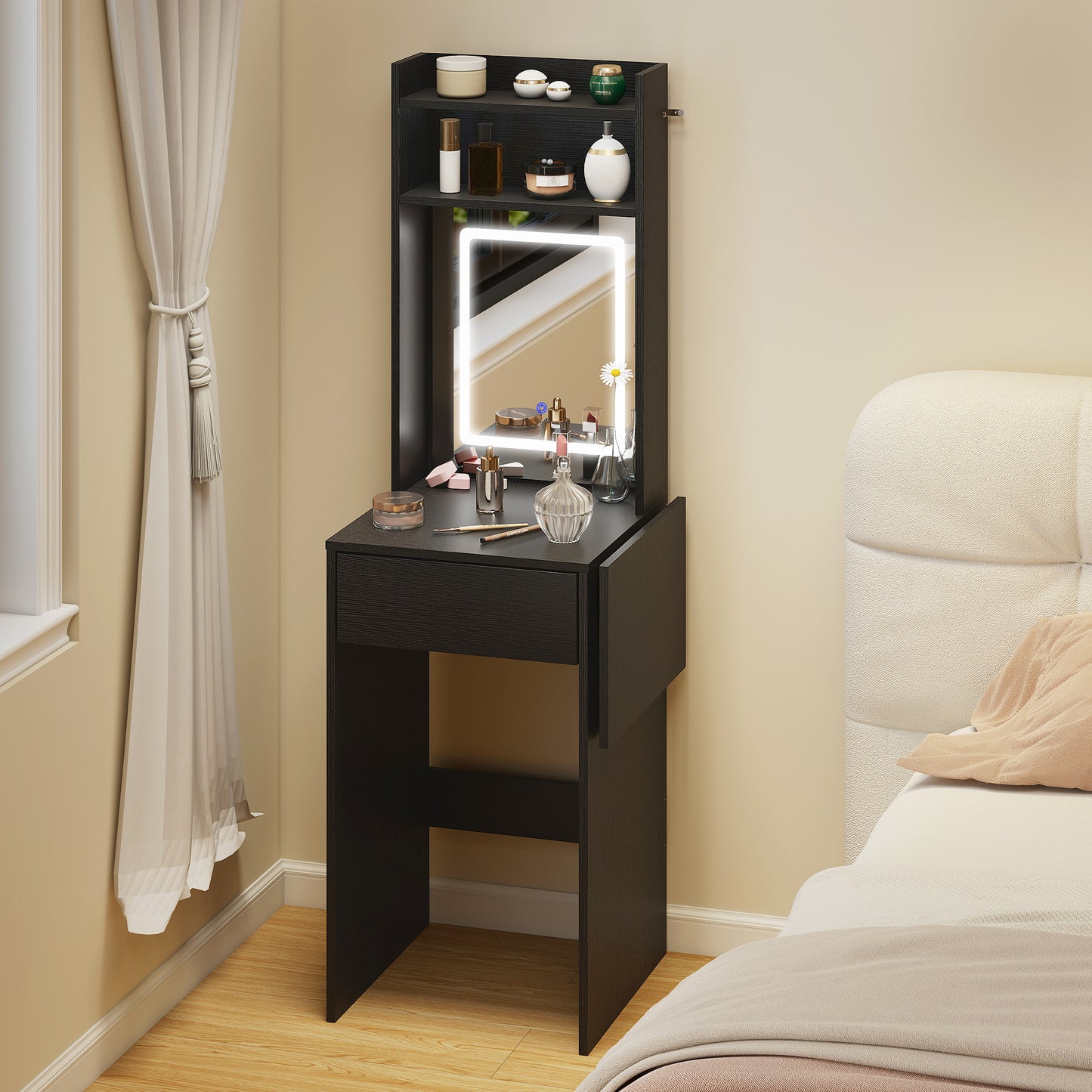 Small Vanity Desk with Mirror and LED Lights, Compact Dressing Table with Drop Leaf, Open Shelves and Drawer, Black
