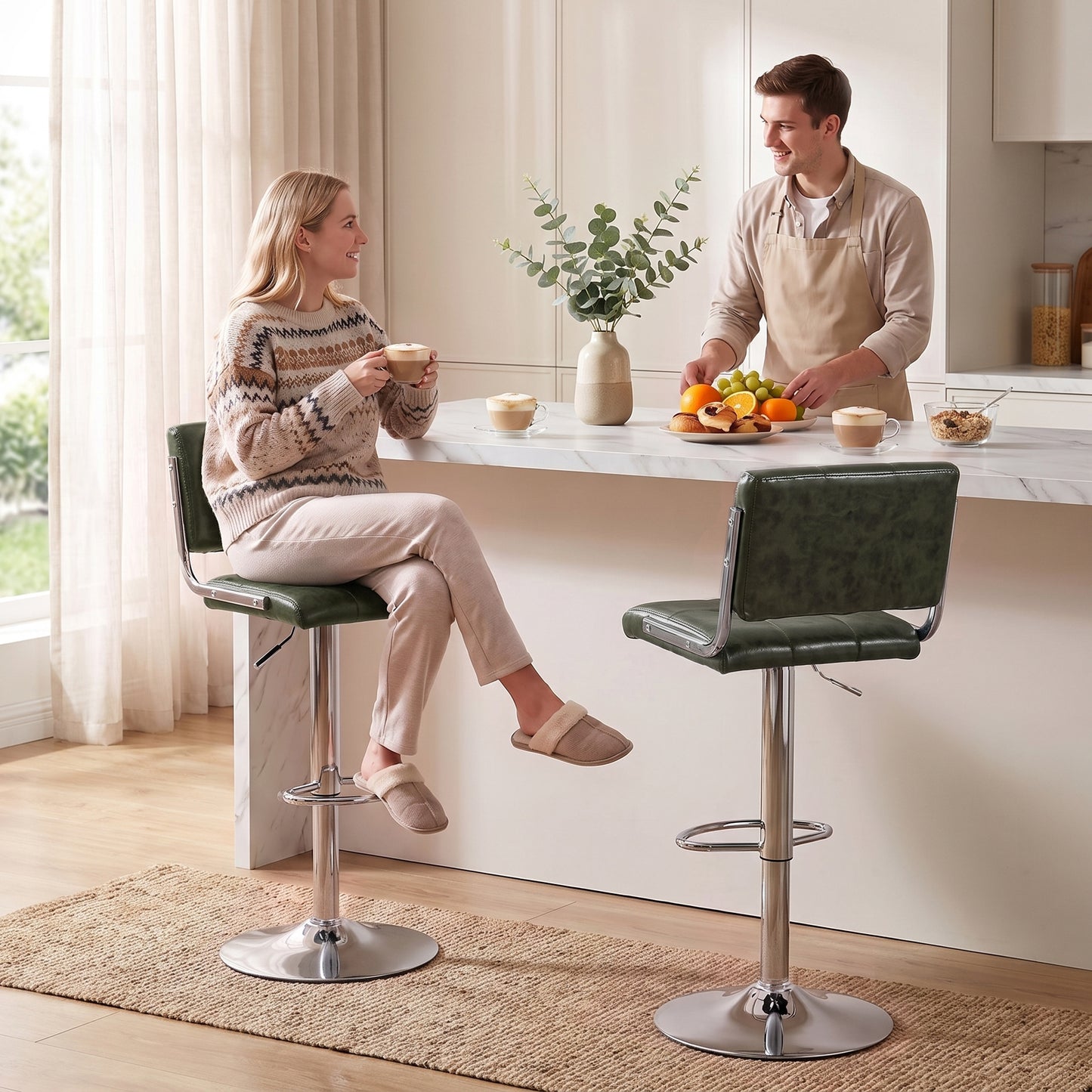 Bar Stools Modern PU Leather Adjustable Breakfast Bar Stools Backrest Set of 2 Green