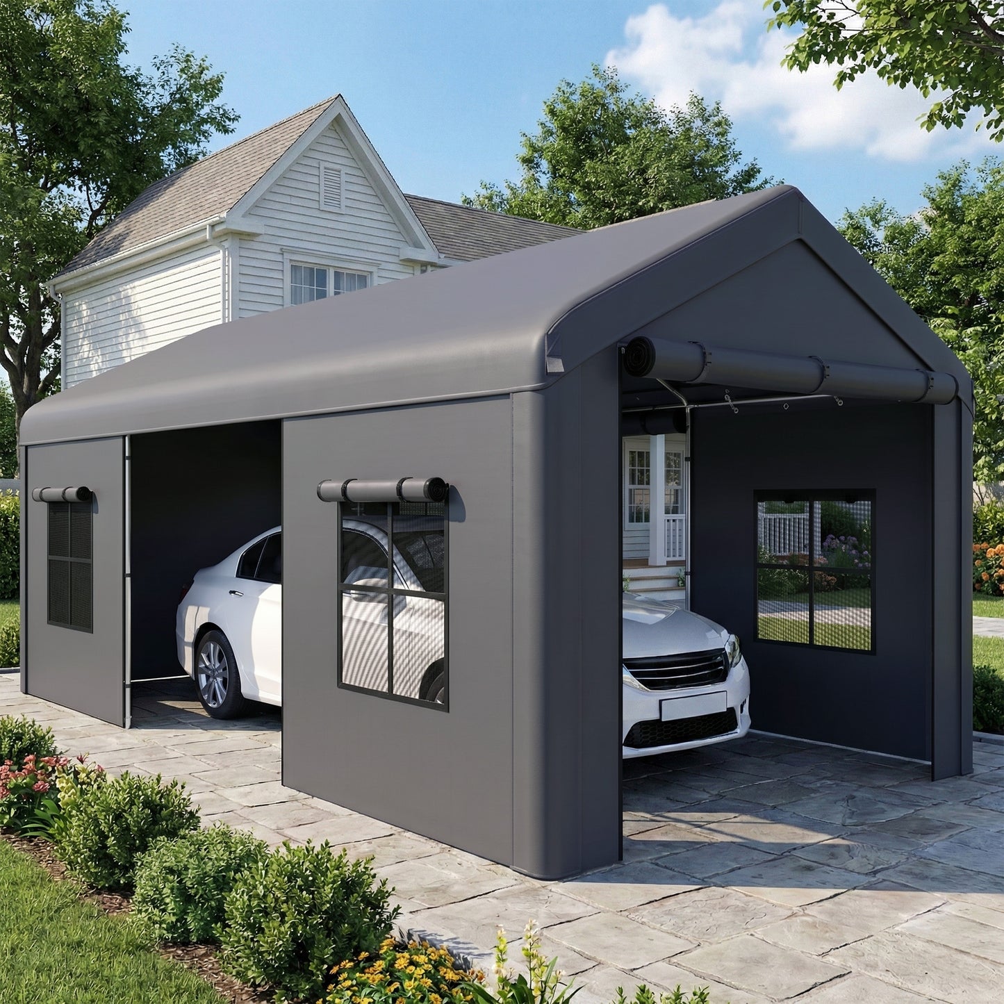 3 x 6 m Heavy Duty Carport, Portable Garage Car Canopy Tent with Galvanised Frame, Doors, Windows, Dark Grey