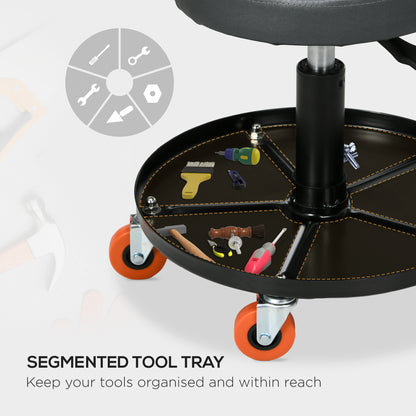 Rolling Mechanical Stool, Pneumatic Adjustable Workshop Stool with Tool Tray, Wheels - Black
