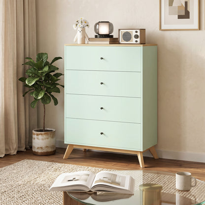4 Drawer Storage Cabinet, Chest of Drawers for Bedroom Living Room, Light Green and Oak