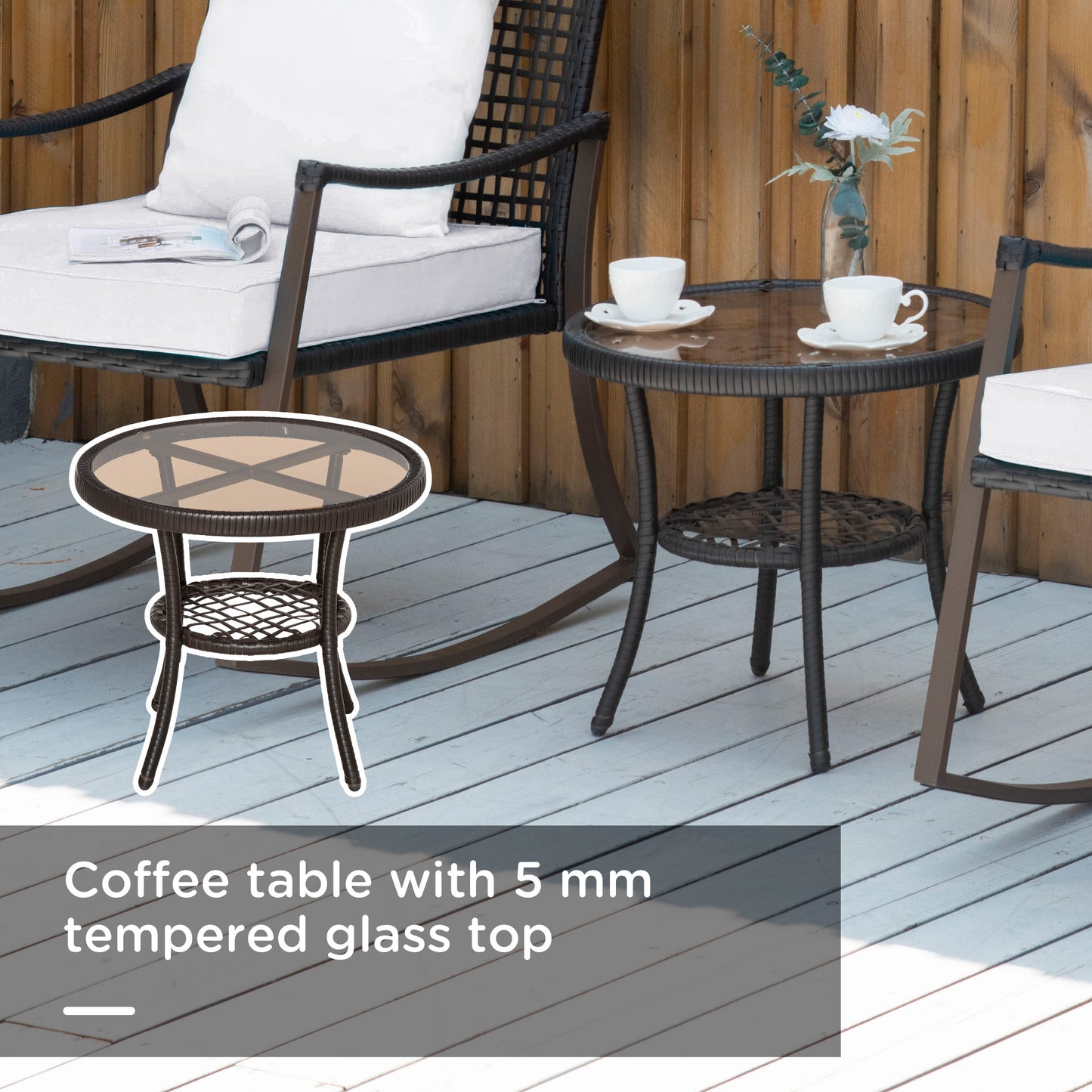 Rattan Bistro Set, 3 Pieces Wicker Garden Furniture Set with Rocking Chairs and Round Glass Top Coffee Table