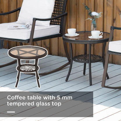 Rattan Bistro Set, 3 Pieces Wicker Garden Furniture Set with Rocking Chairs and Round Glass Top Coffee Table
