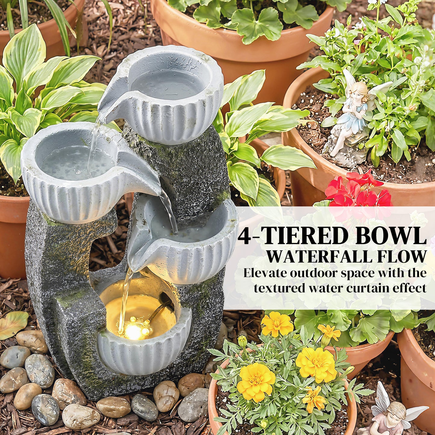 4-Tier Bowl Water Feature, Indoor Outdoor Garden Water Fountain with Pump and LED Lights, Resin Cascading Waterfall