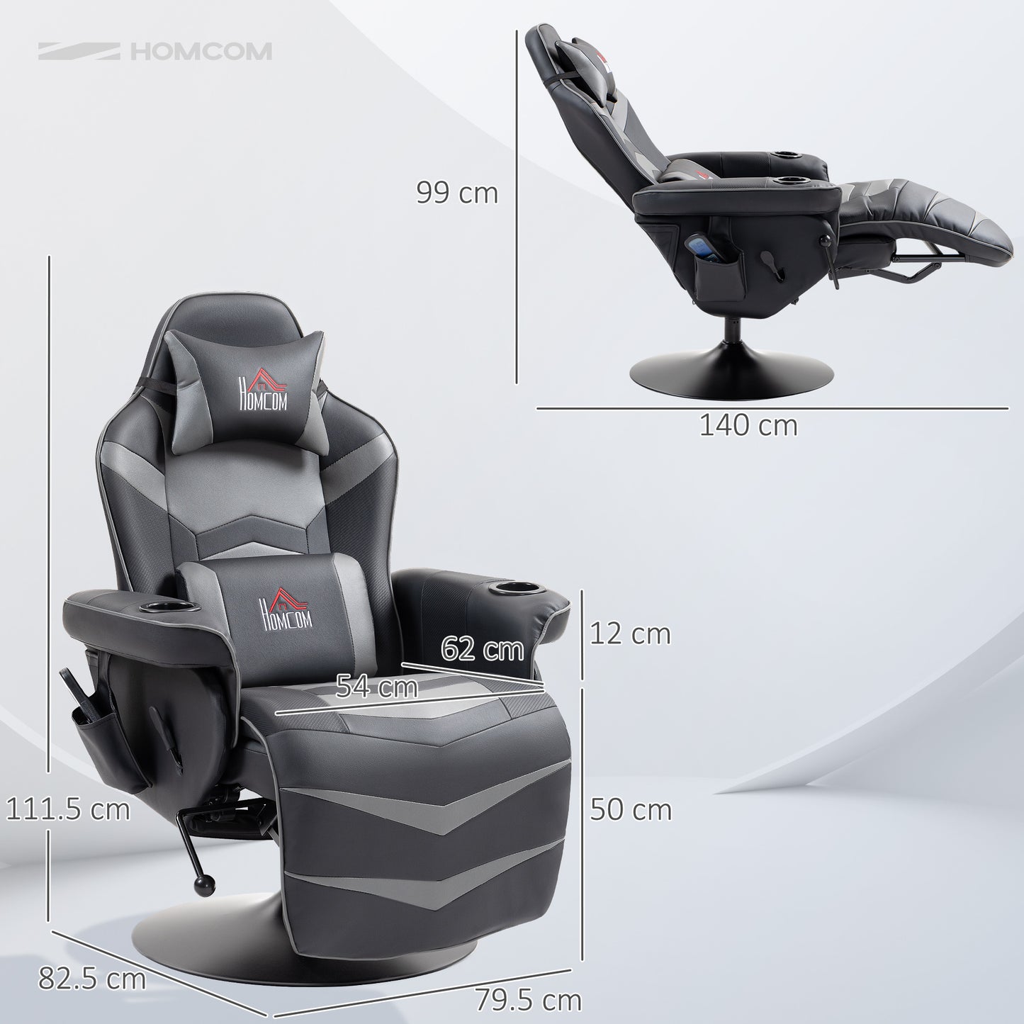 Small Leather Massage Recliner Chair with Ergonomic High Back Retractable Footrest Headrest Work Break Grey