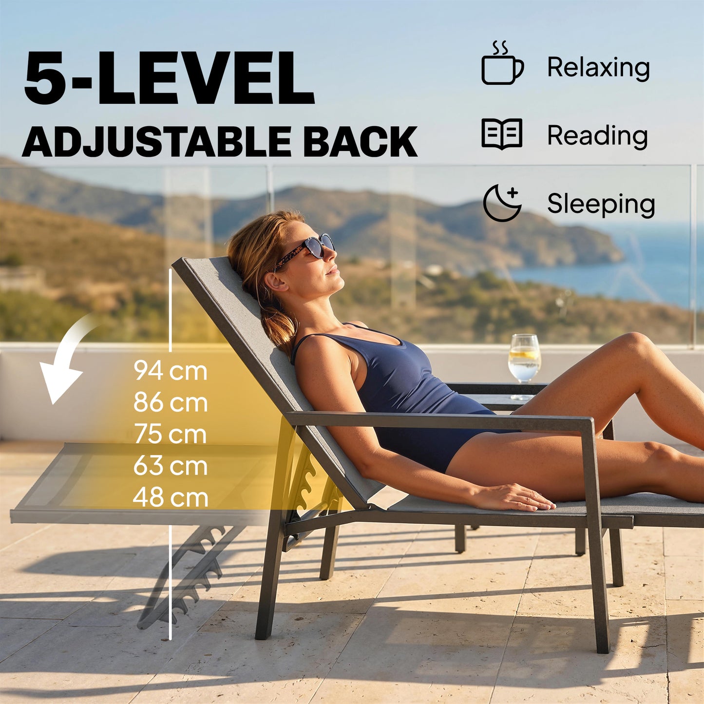 Sun Loungers Set of 2 Retractable Footrest 5-Position Adjustable Steel Frame for Beach, Porch, Patio, Camping, Dark Grey
