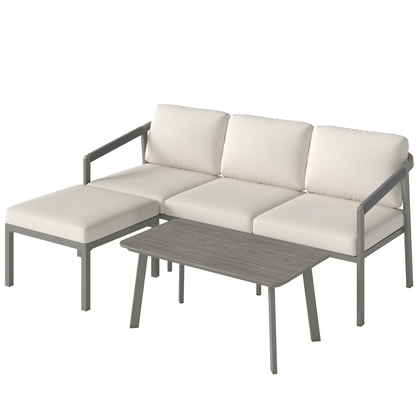 3 Piece Garden Dining Set, Outdoor Patio Furniture with 3 Seater Sofa, Footstool, Coffee Table and Cuhsions