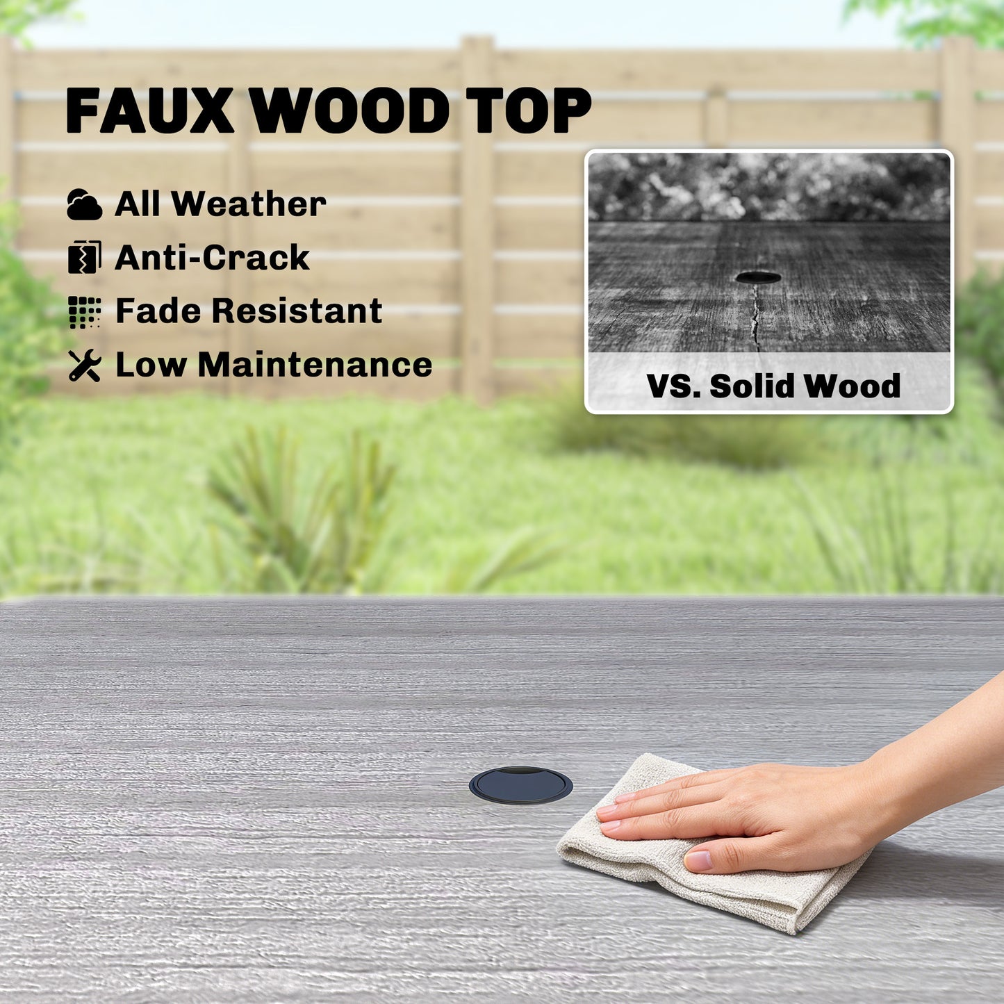 Garden Dining Table for 4, 85 cm Square Outdoor Table with Umbrella Hole, Faux Wood Top, Metal Legs, Light Grey