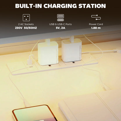 147cm Gaming Desk with Charging Station and Monitor Stand, Computer Table for Home Office with RGB Lights, White
