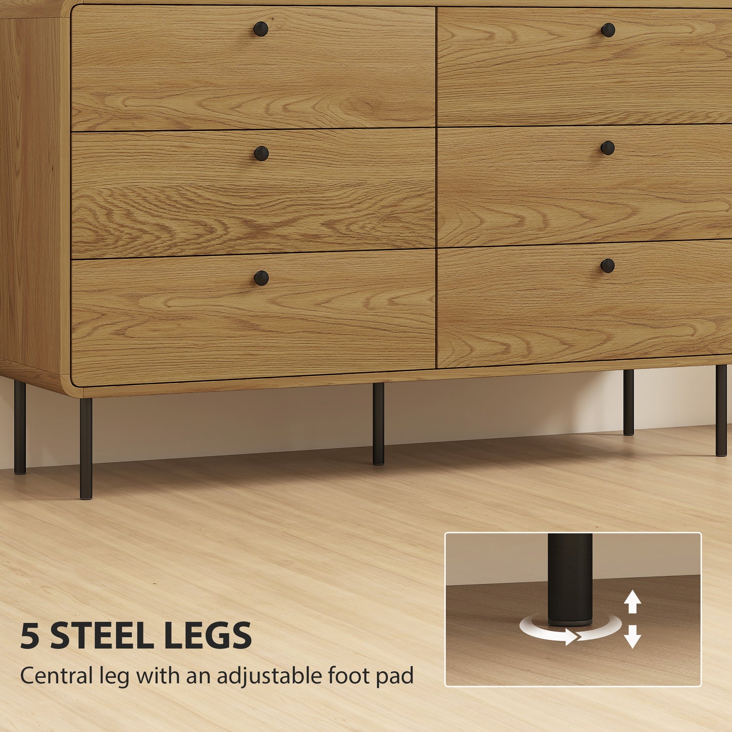 Chest of Drawers, 6 Drawer Dresser - Oak