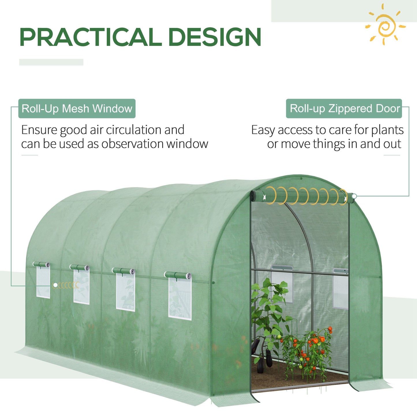 Walk-in Polytunnel Greenhouse, Outdoor Garden Tunnel Greenhouse Tent with Zipped Roll-Up Door and 8 Mesh Windows, 4 x 2M