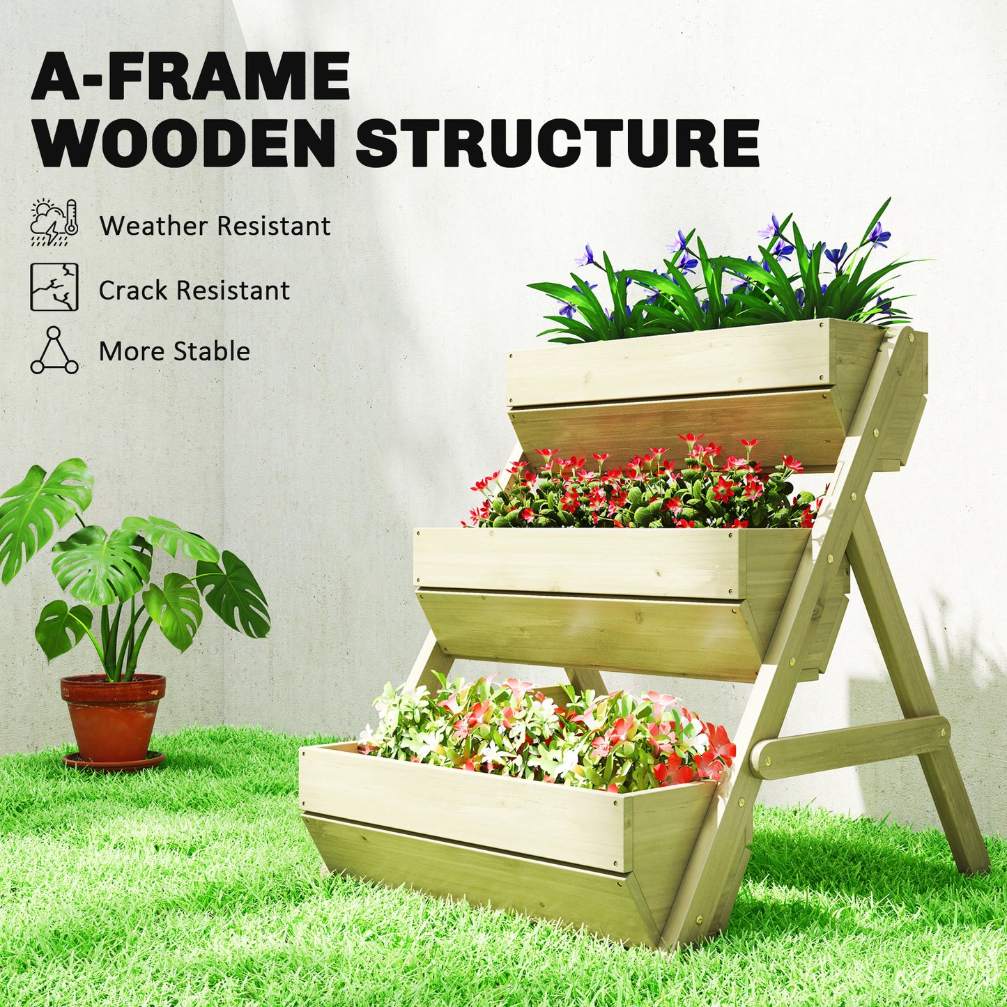 3 Tier Raised Garden Bed Wooden Elevated Planter Box Kit, 66L for Flower, Vegetable, Herb, 65x75x78cm, Green