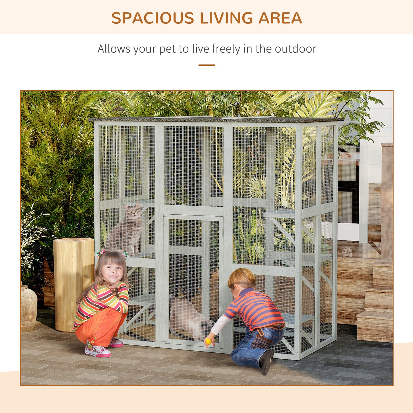 Wooden Catio Cat Outdoor Enclosure, Cat Cage with Waterproof Roof, Platforms, for Multiple Kittens, 180 x 98 x 180 cm