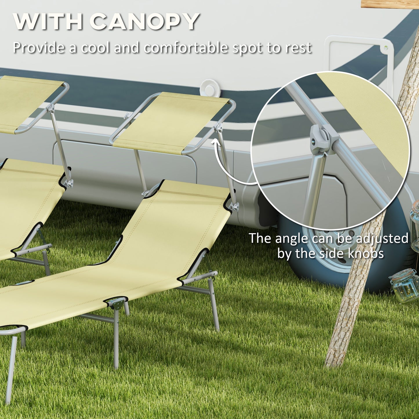 Folding Sun Lounger Set of 2 with Canopy, Reclining Sunbed with 4-Position Adjustable Backrest, 600D Oxford Cloth