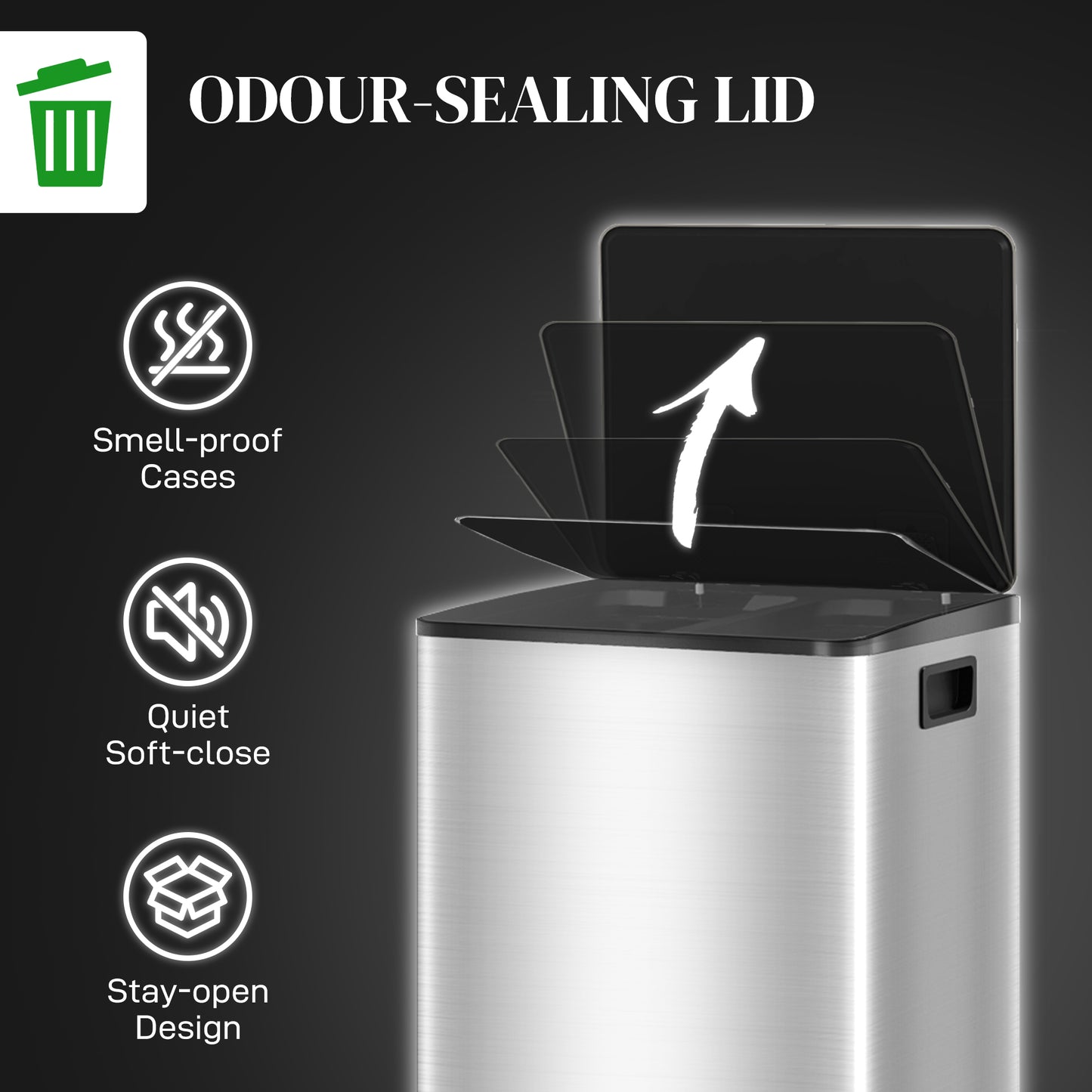 40L Dual Compartment Stainless Steel Bin, with Deodoriser Holders - Silver Tone