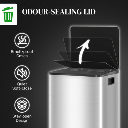40L Dual Compartment Stainless Steel Bin, with Deodoriser Holders - Silver Tone