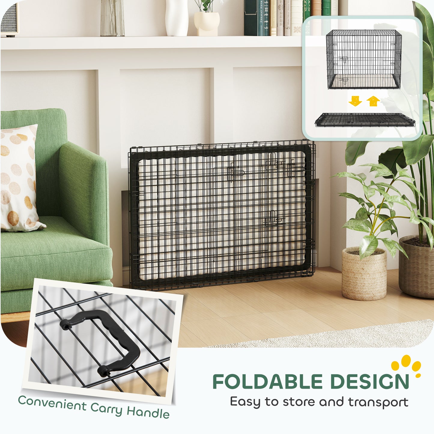 Foldable Dog Crate with 2 Doors with Tray, Soft Cushion, for Large Medium Dogs, 90 x 58 x 62, Black
