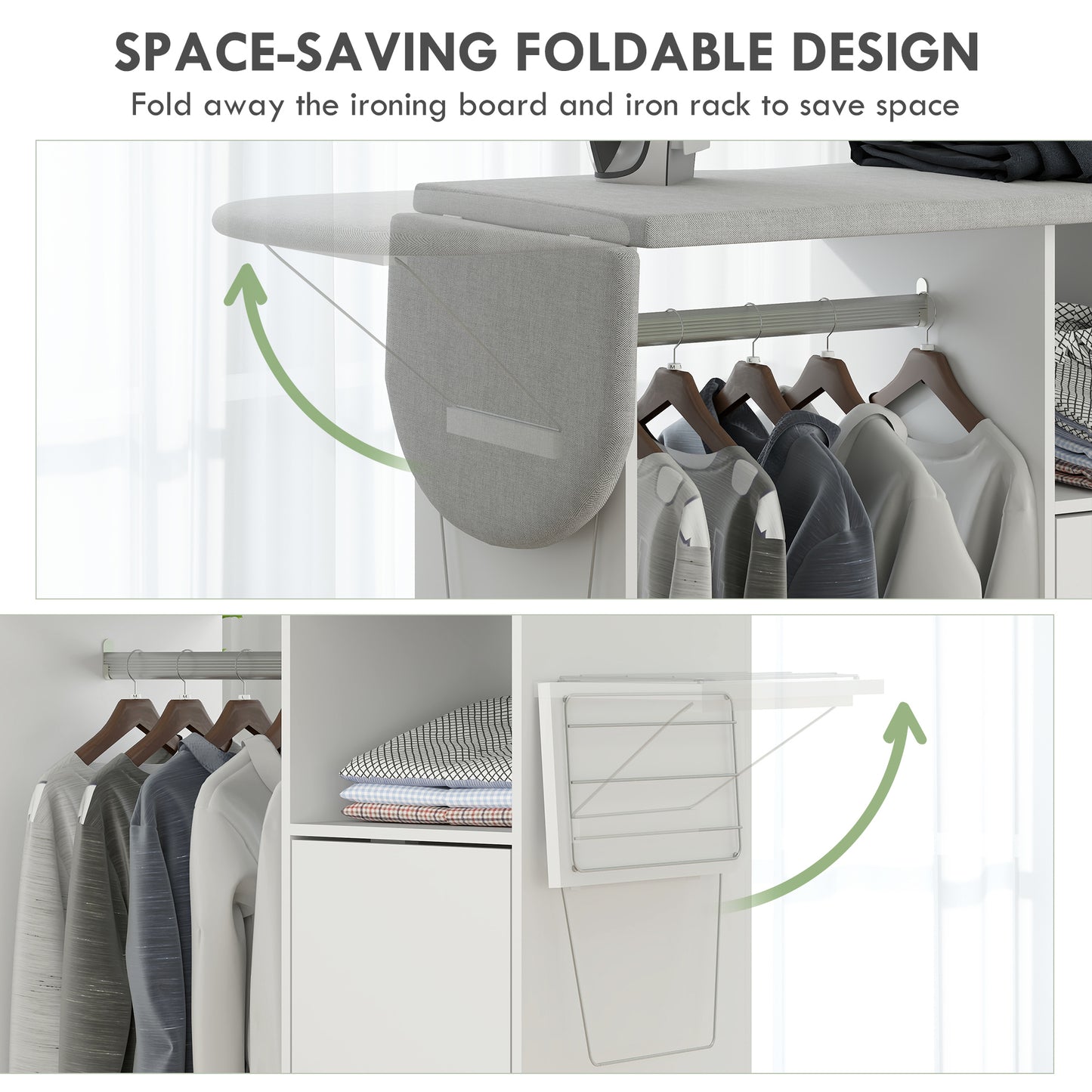 Rolling Ironing Board Cabinet, Foldable Ironing Station with Storage, Wheels for Home, Laundry Room, White