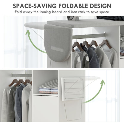 Rolling Ironing Board Cabinet, Foldable Ironing Station with Storage, Wheels for Home, Laundry Room, White