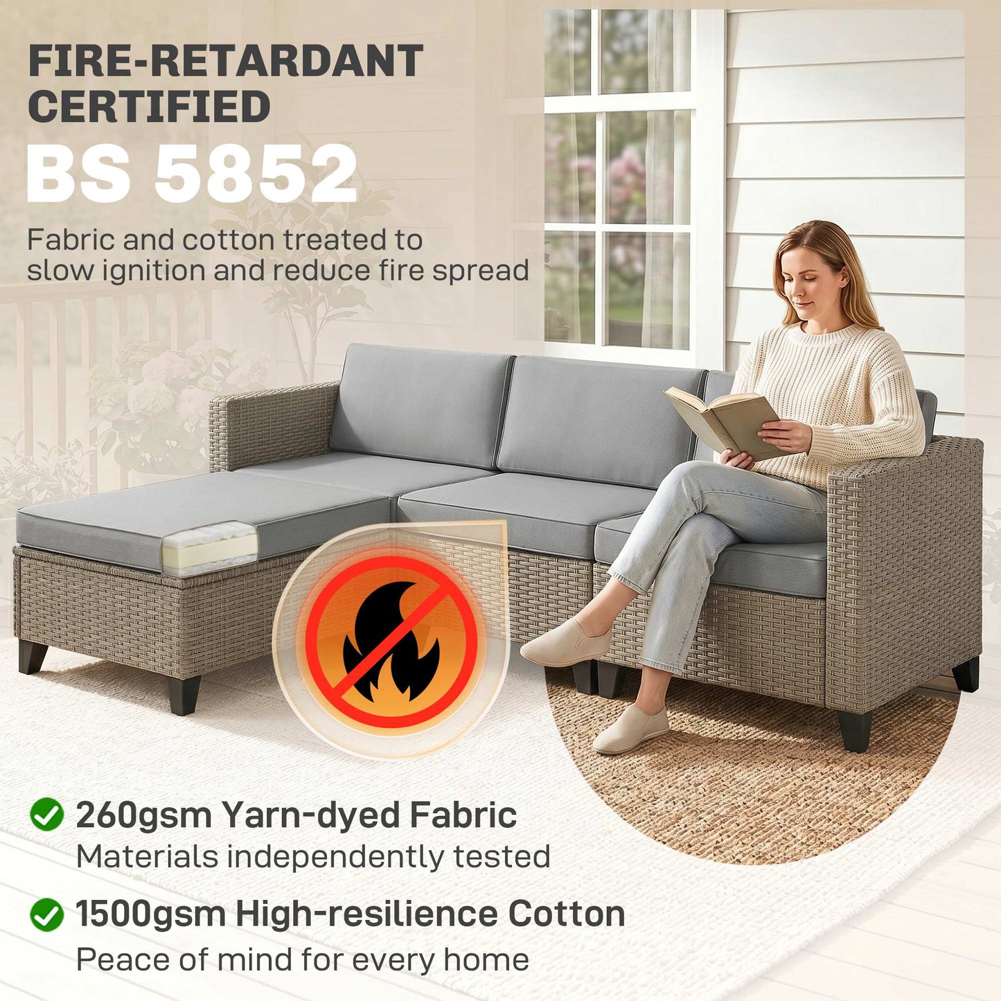 5-Piece Rattan Patio Furniture Set with Corner Sofa, Footstools, Coffee Table, for Poolside, Brown