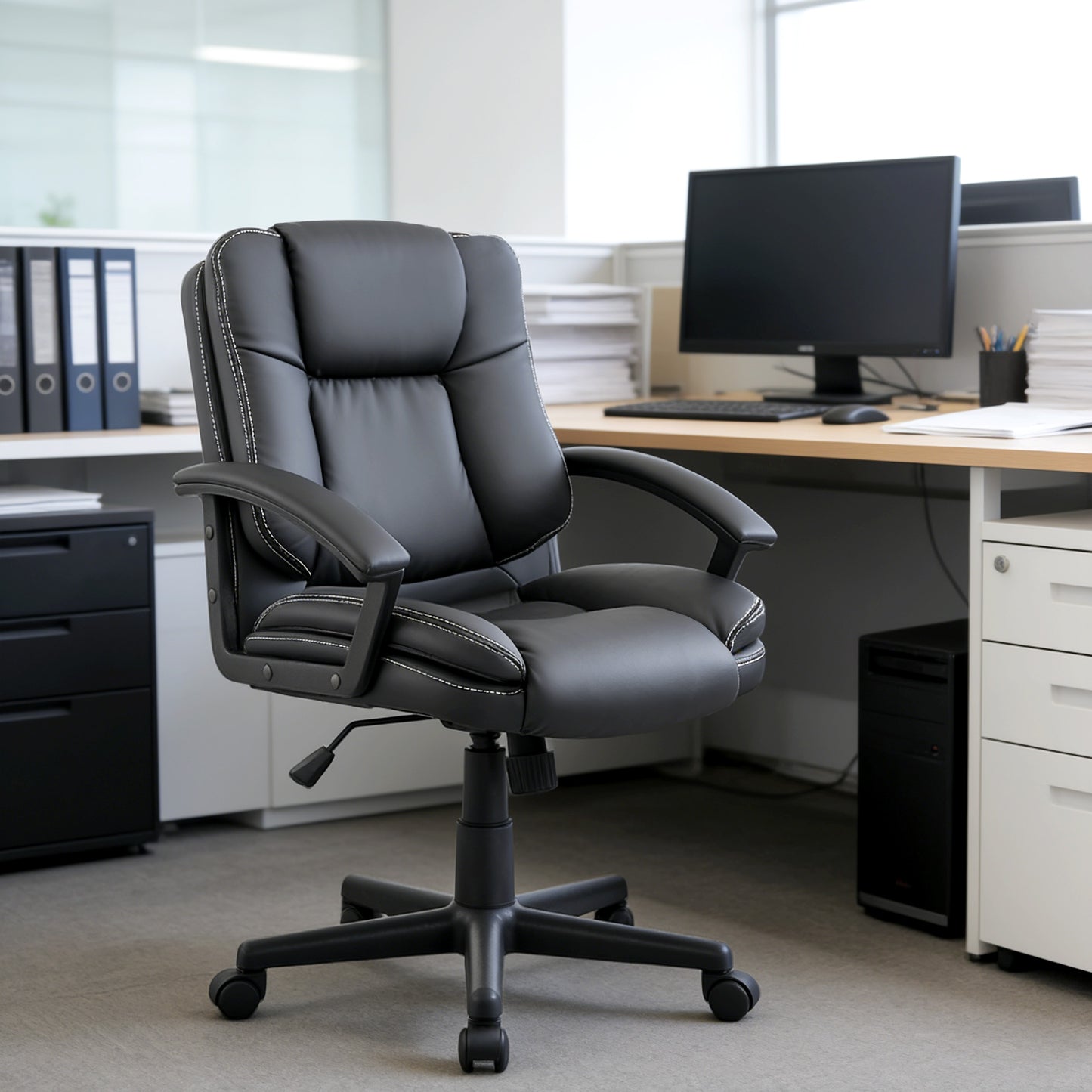 Desk Chair, PU Leather Office Chair with Adjustable Height and Swivel Wheels, for Home Work Study, Black