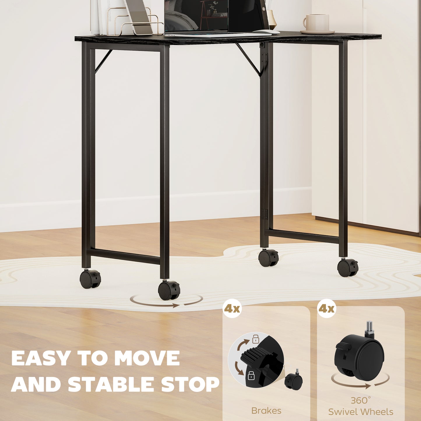 Folding Small Desk on Wheels - Black Wood Effect