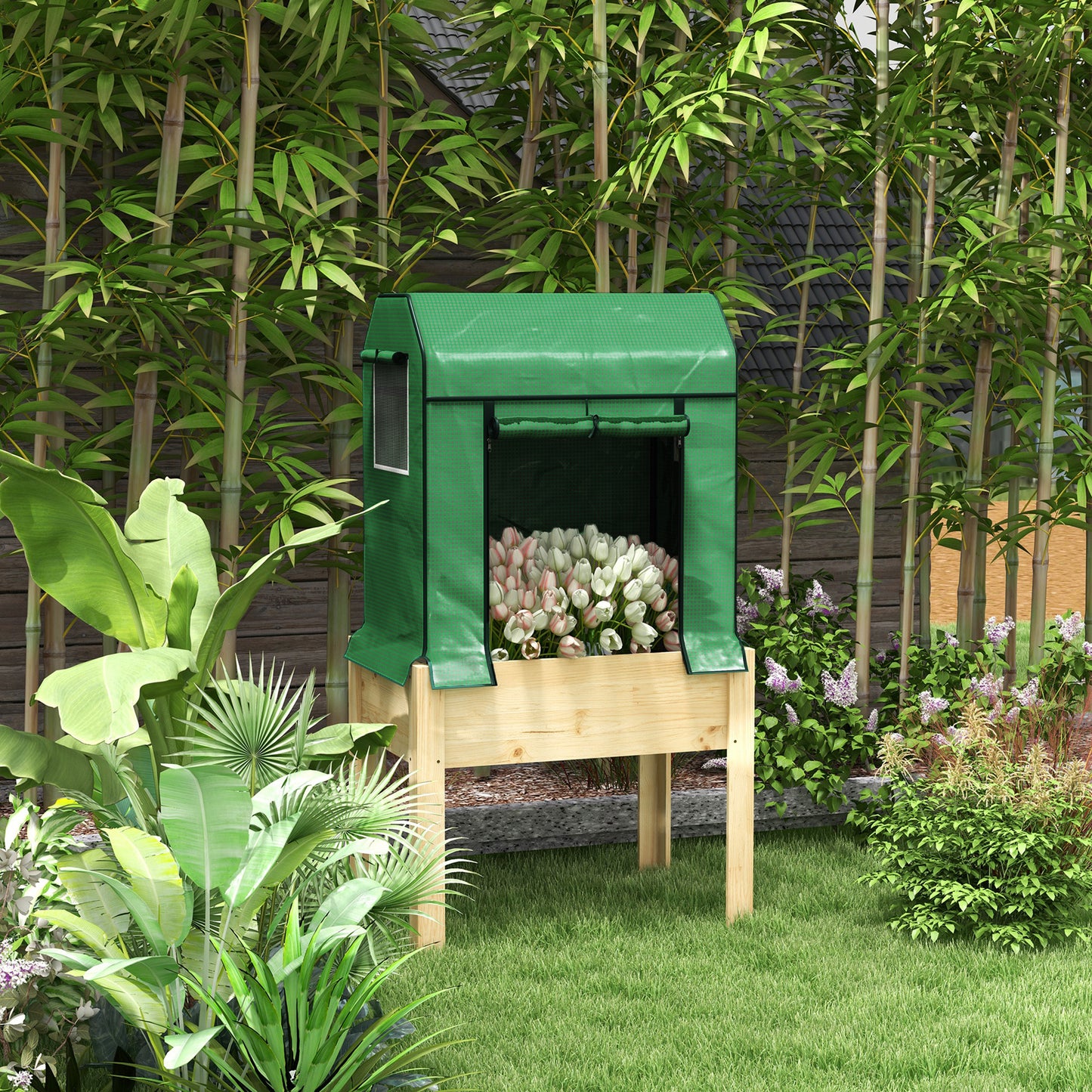 Wooden Planter Box with PE Greenhouse Cover and Bed Liner, Raised Garden Bed for Vegetables, Flowers, Herbs