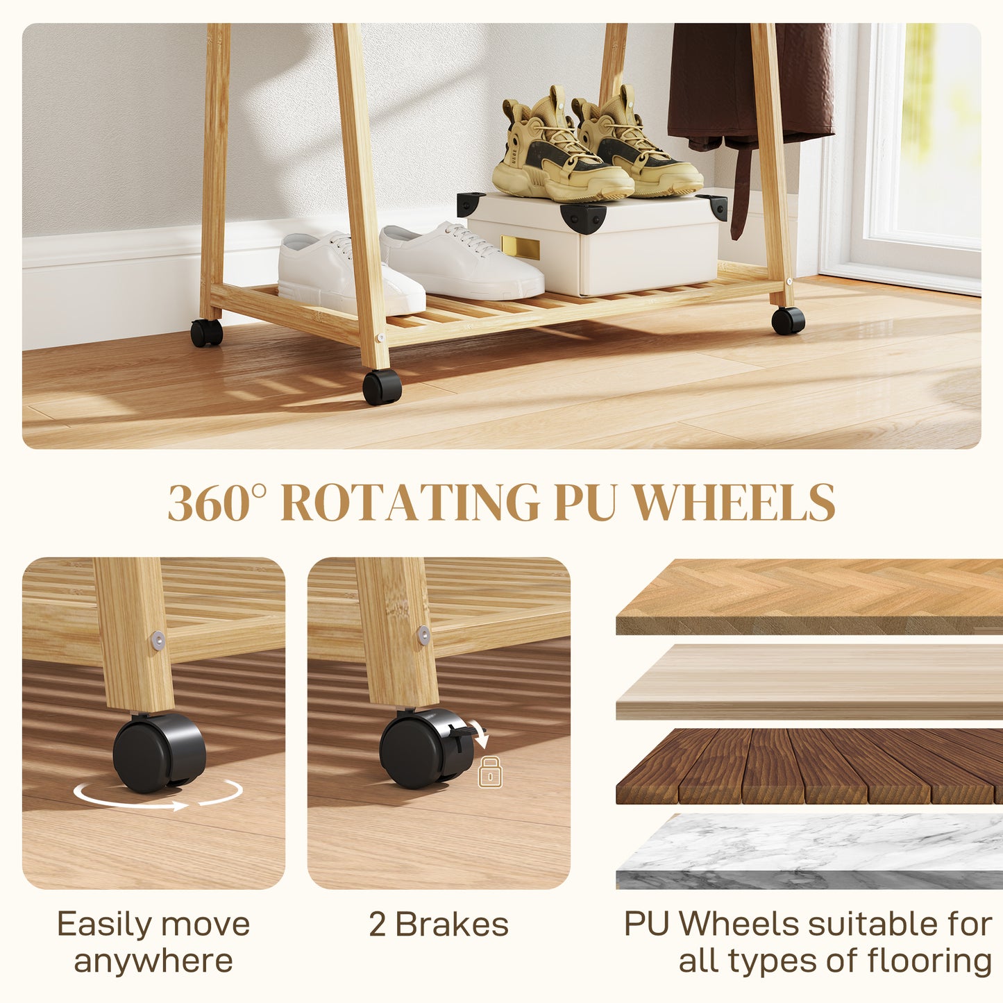 Bamboo Clothes Rack, with Shelves and Hooks - Natural Finish