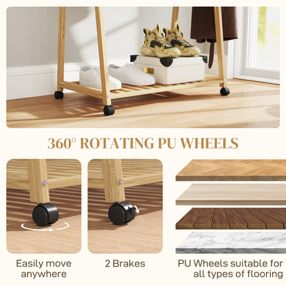 Bamboo Clothes Rack, with Shelves and Hooks - Natural Finish