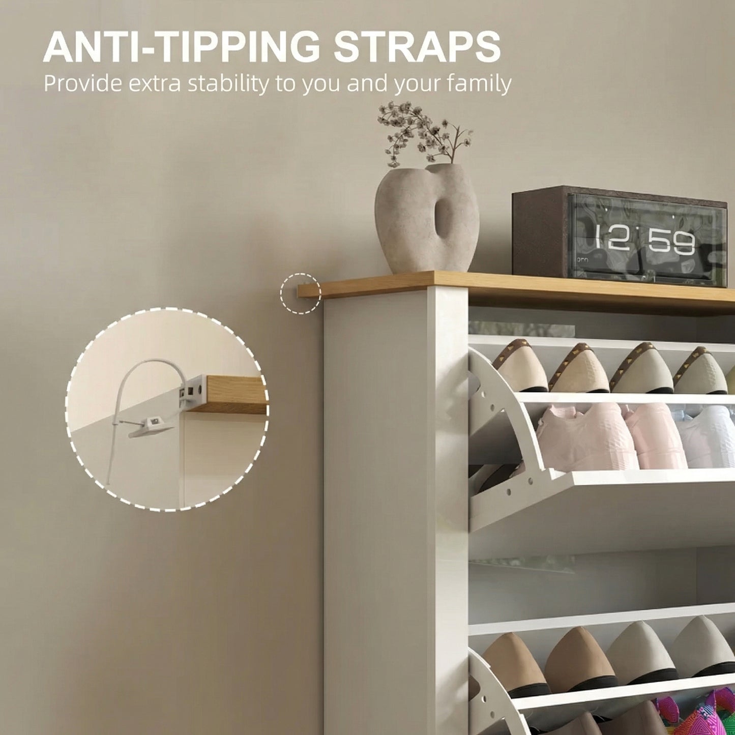 Slim Shoe Cabinet, Narrow Shoe Cupboard with 2 Flip Drawers, Adjustable Shelves for 12 Pairs of Shoes, High Gloss White