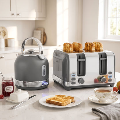 Stainless Steel Kettle and Toaster Set, 1.7L 3000W Cordless Fast Boil Kettle, 4 Slice Toaster Kitchen Set, Grey
