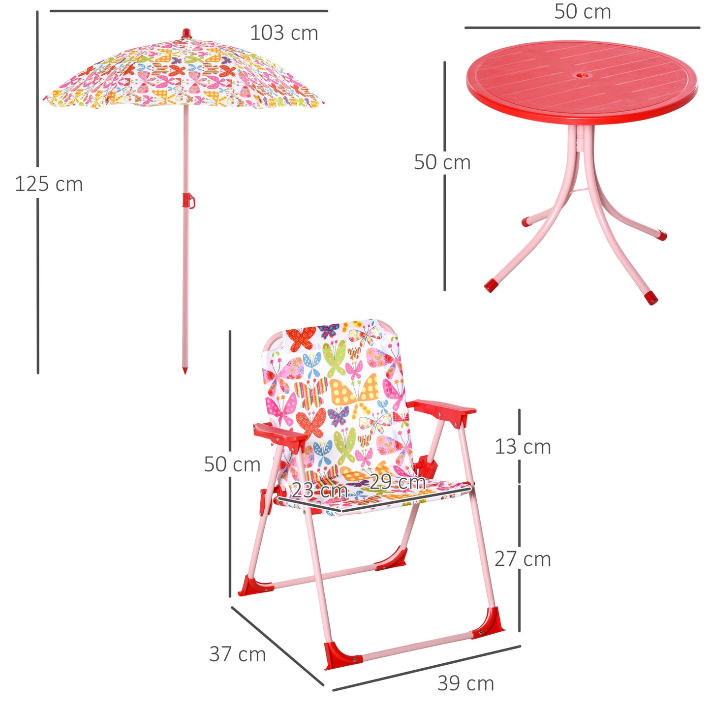 Kids Outdoor Bistro Table and Chair Set Butterfly Pattern Garden Patio Backyard with Removable & Height Adjustable Parasol
